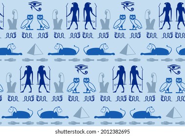 Ancient egyptian hieroglyphics script elements seamless pattern. Sphinx, eye, snake, hand, bird, god Ra, Cleopatra history icons. Egyptian hieroglyphics culture signs vector wallpaper.