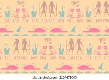 Ancient egyptian hieroglyphics script elements seamless ornament. Man, Ra eye, pyramid, hand, snake, woman, bird manuscript icons. Egyptian hieroglyphics civilization signs vector design.