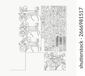 Ancient Egyptian hieroglyphs and chariots. Intricate hieroglyphs, detailed chariots, historical Egyptian art. Egyptian hieroglyphs and chariots in black and white. Egyptian illustration vector.