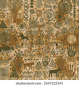 Ancient Egyptian hieroglyphs seamless pattern. African tribal  grunge cracked stone textured vector background with spirals, abstract shapes, symbols, signs, animals, zigzag lines. Endless texture.