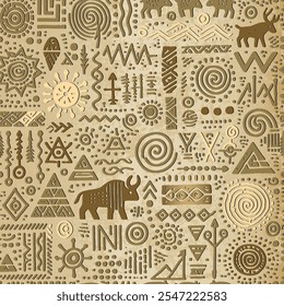 Ancient Egyptian hieroglyphs seamless pattern. African tribal ethnic vector background with spirals, abstract shapes, symbols, signs, animals, zigzag lines. Luxury design for fabric, print, textile.