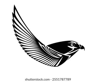 Antiguo símbolo animal egipcio del dios Horus - cabeza de perfil de pájaro de halcón con ala estilizada elevada Diseño de contorno de Vector de vista lateral en blanco y negro