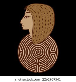 Ancient Egyptian human head on top of a round spiral maze or labyrinth symbol. Symbol for enigma of culture. On black background.