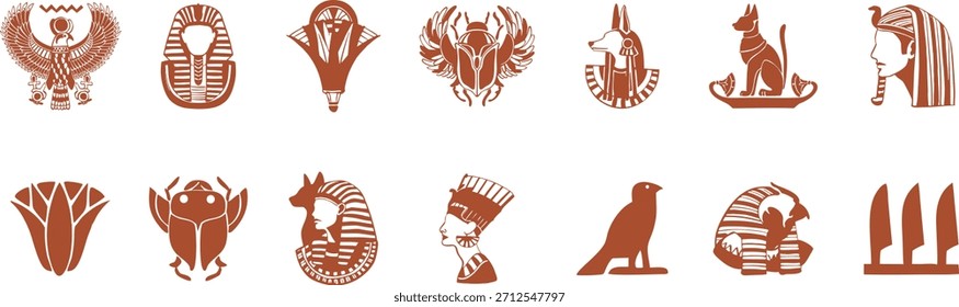 Ancient Egyptian icon set featuring traditional symbols and decorative motifs. Stylized cultural illustrations ideal for history, art, and design projects. Clean vector silhouettes 