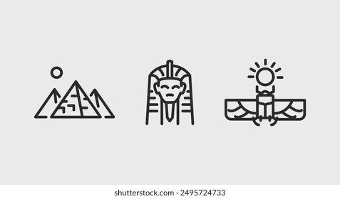 Iconos del Antiguo Egipto. Conjunto de iconos mínimos de moda del antiguo egipcio. Ejemplo: Pirámides, Faraón, Dios Sol Ra icono. Signos de diseño para la página de Web, App móvil, diseño de embalaje. Ilustración vectorial.