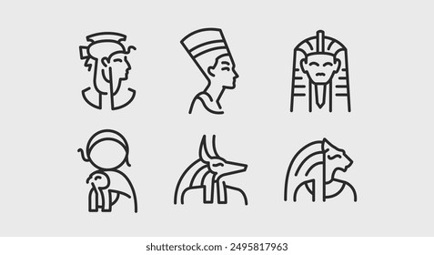 Iconos del Antiguo Egipto. Conjunto de iconos mínimos de moda del antiguo egipcio. Faraón, Nefertiti, Esfinge, Anubis, Ra icono. Signos de diseño para la página de Web, App móvil, diseño de embalaje. Ilustración vectorial