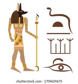 Ancient egyptian jackal god Anubis colored flat design illustration. Inpu canine headed divinity with human body. God symbolized death, mummification and underworld from old Egypt religion.