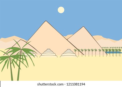 ancient egyptian landscape with desert and pyramids, vector historical illustration