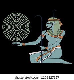 Ancient Egyptian man holding a round spiral maze or labyrinth symbol. Nile god Hapi. Creative concept. Mystery of ancient culture. On black background.