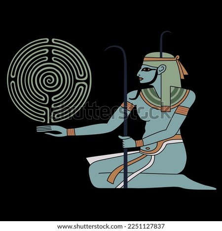 Ancient Egyptian man holding a round spiral maze or labyrinth symbol. Nile god Hapi. Creative concept. Mystery of ancient culture. On black background.