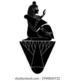 Ancient Egyptian man or pharaoh sitting on lotus flower. Black and white negative silhouette. Creative concept.