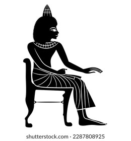 Ancient Egyptian man sitting on a chair. Black and white negative silhouette. Isolated vector illustration.