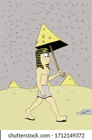 Ancient egyptian man walking through the desert on a rainy day with the pyramids in the background. Cute character funny humorous vector illustration. Hand drawn cartoon style.