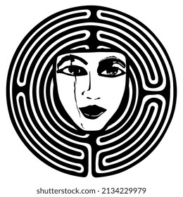 Ancient Egyptian mask inside of a round spiral maze or labyrinth symbol. Creative concept. Mystery of history and ancient culture. Black and white silhouette.