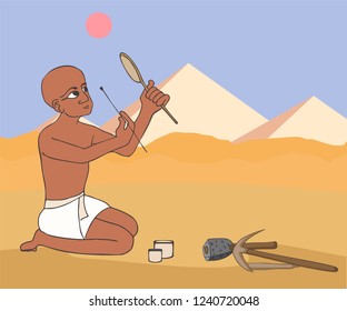 Ancient Egyptian Mason Worker Does Makeup, Funny Vector Cartoon Of Historical Tradition