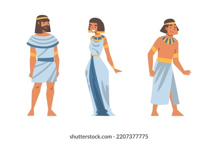 Ancient Egyptian men and woman wearing authentic clothes and necklace set vector illustration