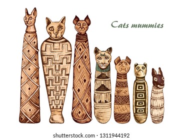 
Ancient Egyptian mummies of cats and dog. Mummified animals, wrapped snugly in criss-crossing layers of linen and  graced with smooth cloth mask. Hand drawn vector set. Clipart.
