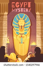 Ancient egyptian mummy mystery exhibit poster with grave goods golden amulets ritual fire deities silhouettes vector illustration  