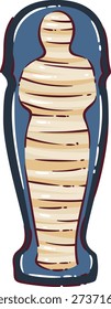 Ancient Egyptian mummy wrapped in linen bandages, preserved mummy inside burial sarcophagus from ancient Egypt, funerary tradition symbol, cartoon doodle vector illustration