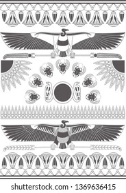 Ancient Egyptian murals, sculptures and patterns. Ancient egypt background. Vulture and scarab. Monochrome