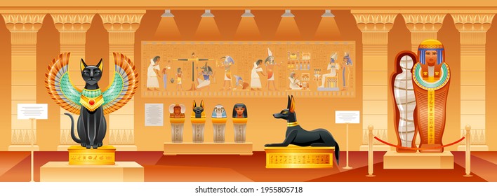 Ancient Egyptian museum. Egypt pharaoh vector illustration with historical pyramid  interior. Mummy, old tomb with cat, dog statue, artwork gallery hall with cairo civilization objects. Cartoon museum