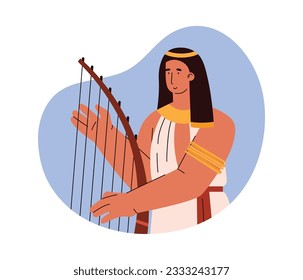 Ancient Egyptian musician character with harp instrument, flat vector illustration isolated on white background. Banner design for Egypt culture and arts topic.