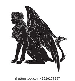 Ancient Egyptian mythological creature sphinx in gothic style hand drawn black and white vector illustration