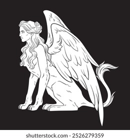 Ancient Egyptian mythological creature sphinx in gothic style hand drawn black and white vector illustration