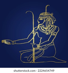 Ancient Egyptian Nile god Hapi. Hand drawn linear doodle rough sketch. Golden silhouette on blue background.