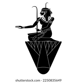 Ancient Egyptian Nile god Hapi seated on lotus flower. Isolated vector illustration. Black and white negative silhouette.