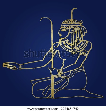 Ancient Egyptian Nile god Hapi. Hand drawn linear doodle rough sketch. Golden silhouette on blue background.