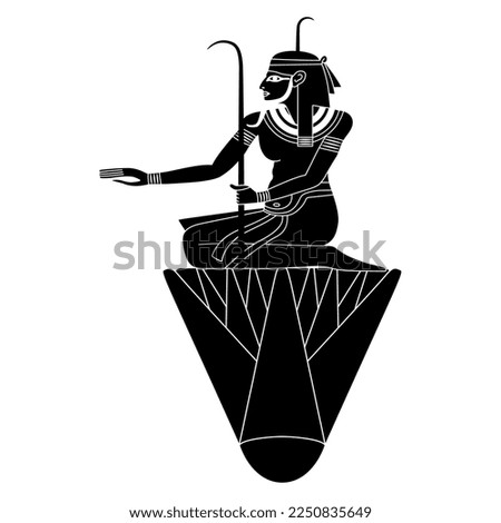 Ancient Egyptian Nile god Hapi seated on lotus flower. Isolated vector illustration. Black and white negative silhouette.