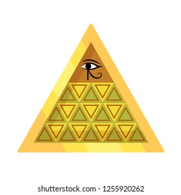 Ancient Egyptian oracle pyramid with symbol of protection, falcon eye of Egyptian deity Horus, Wadget, religious mythological symbol of moon, Wedjat all-seeing eye. Vector illustration isolated.