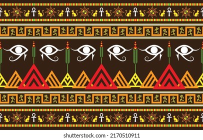 Ancient Egyptian ornament Tribal seamless pattern vintage ethnic of symbols, landmarks, and signs of Egypt. vector illustration print for fashion, textile design, jacket, coat, skirt, scarf