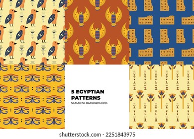 Ancient Egyptian ornament tribal seamless pattern set. Religious paganistic backgrounds. It can be used for cloth, furniture or packing. Vector illustration Set