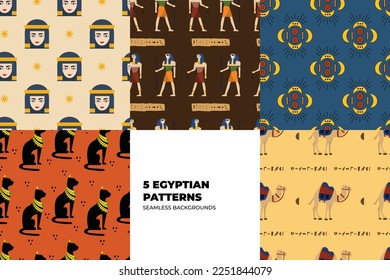 Ancient Egyptian ornament tribal seamless pattern set. Religious paganistic backgrounds. It can be used for cloth, furniture or packing. Vector illustration Set