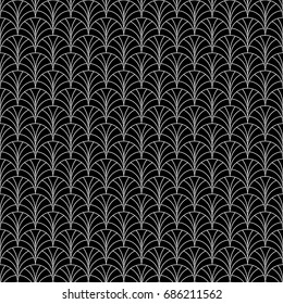 Ancient egyptian palm tree leafs grid. Peacock motif. Arabic ornament. Japan traditional ethnic embroidery with repeated scallops. Fish scale. Repeat scallop background. Seamless pattern with scales. 