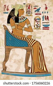 Ancient Egyptian papyrus depicting a young woman sitting on a throne and holding a scepter in her hands. Hieroglyphs signs and symbols on the wall.