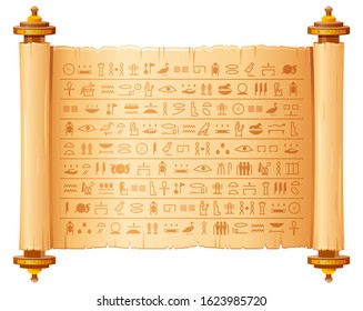 
Ancient  egyptian papyrus with hieroglyphs. Historical vector pattern from Ancient Egypt. 3d old scroll with script, pharaohs and gods symbols. Ornamen art design, text letter papyrus illustration