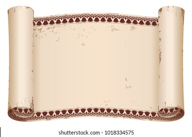 Ancient Egyptian papyrus with national brown ornament. Old beige paper with the aging effect isolated on white background.