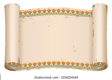 Ancient Egyptian papyrus with national colored ornament. Old beige paper with the aging effect isolated on white background.
