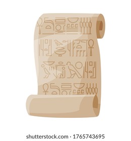 Ancient Egyptian Papyrus Scroll with with Hieroglyphics, Old Manuscript, Symbol of Egypt Flat Style Vector Illustration on White Background