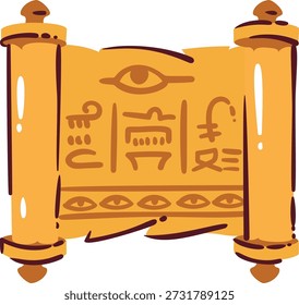 Papiro egípcio antigo rolar com hieróglifos, Olho de Hórus símbolos e colunas decorativas. Artefato de pergaminho egípcio, desenho de papiro histórico, ilustração tradicional do vetor de desenho animado da cultura egípcia
