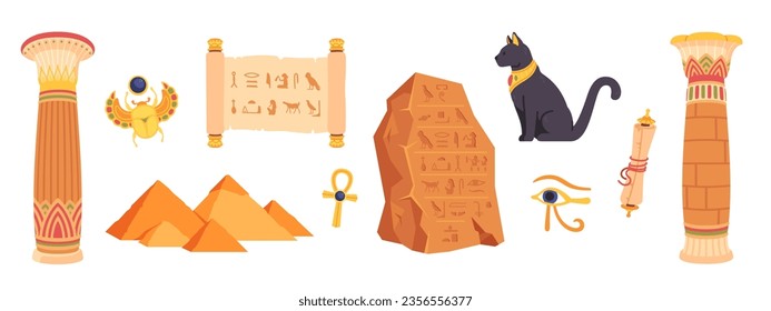 Viejo papiro egipcio, pilar, conjunto de rocas. Pirámides de Egipto, ojos de wadjet, pañuelo, gato de bastet, cruz copta de tobillo, jeroglíficos en la antigua tabla de piedra de la tumba. Arqueología, historia de ilustración vectorial plana