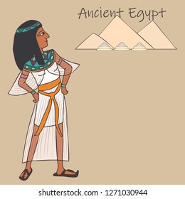 ancient egyptian person in traditional clothing with pyramids and headline, vector cartoon historical illustration