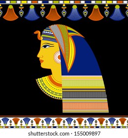 Ancient Egyptian Pharaoh head with traditional ornament on black - vector illustration