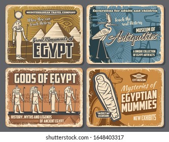 Ancient Egyptian pharaoh pyramids, mummies and gods retro posters of Egypt travel vector design. Anubis with Ankh symbol and eye of Horus, Hathor, Seth and Thoth, cat, heron and hieroglyphs