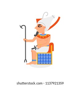 Ancient Egyptian pharaoh sitting on throne with scepter and ankh cross. Man with beard and hedjet crown on head. Flat vector icon