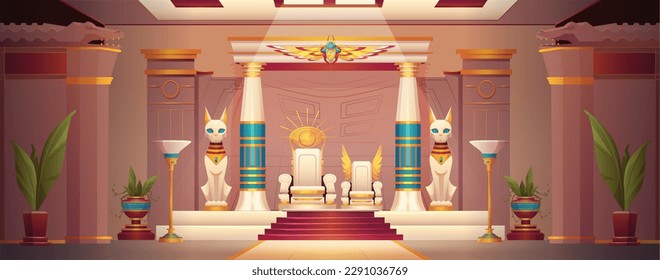 Ancient egyptian pharaoh throne in palace interior. Egypt temple cartoon background with god statue and mythology ornament illustration. Cat, scarab and gold eye symbol near king inside pyramid.