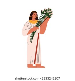 Ancient egyptian priest or pharaoh with lotus flowers, flat cartoon vector illustration isolated on white background. Character of representative of Egyptian history.